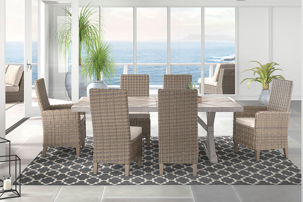 For indoor or outdoor use. Cushioned resin wicker dining and modular seating. 4 throw pillows included with LAF/RAF loveseat. 2 throw pillows included with curved corner chair. Dining, cocktail and end tables have porcelain tops. Rust free aluminum frames