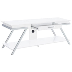 Fresh, inspired design turns your casual home into a haven for easy style with a novel design in a TV stand. Prep a media or entertainment room with this ultra-contemporary TV stand made of white high gloss finished MDF with paper coating. Angular metal f