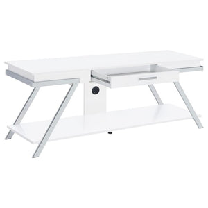 Fresh, inspired design turns your casual home into a haven for easy style with a novel design in a TV stand. Prep a media or entertainment room with this ultra-contemporary TV stand made of white high gloss finished MDF with paper coating. Angular metal f