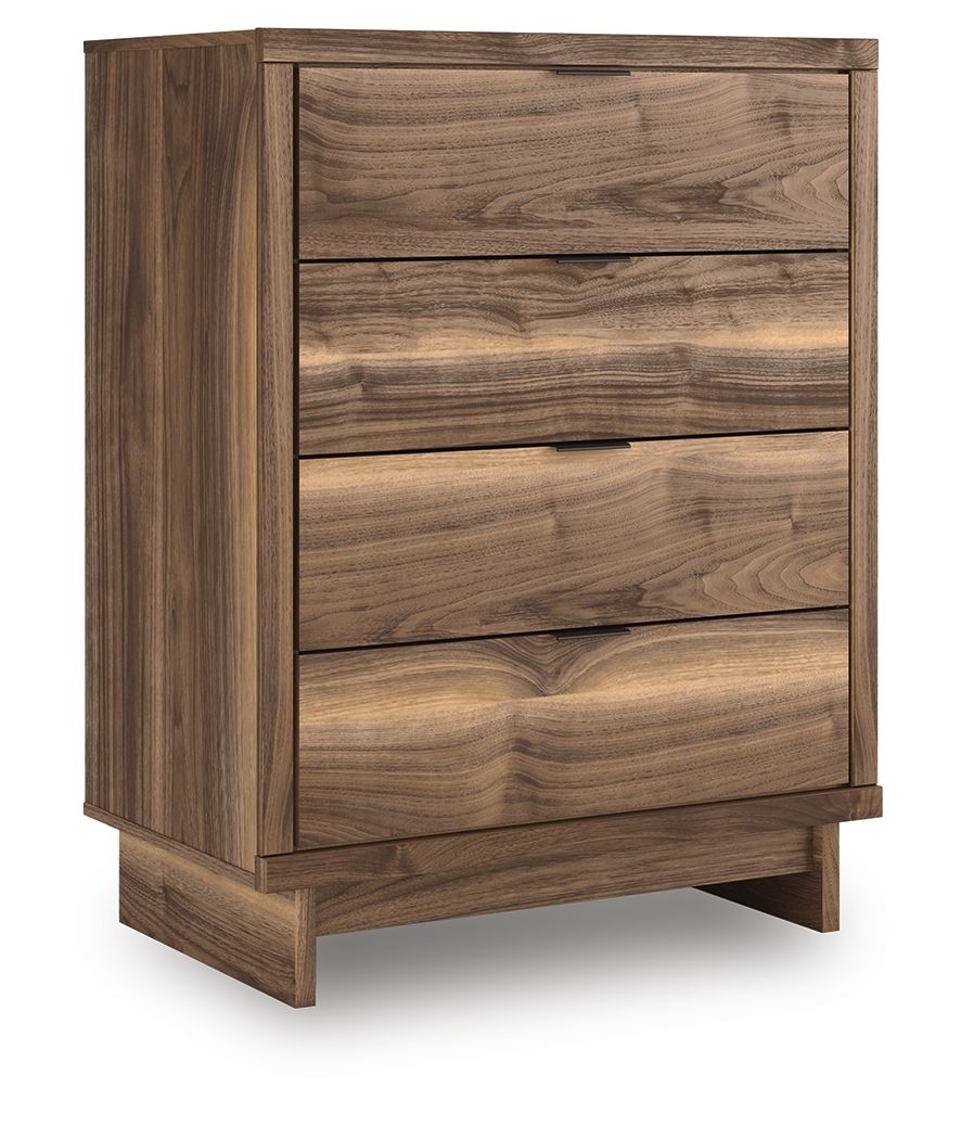 Nostalgic style, retooled for todayâ€™s trends. This chest of drawers puts an elevated twist on mod aesthetics. Its warm brown tones reflect the mid-century vibes you love, while the angular base incorporates contemporary motifs. Integrated drawer handles