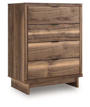 Nostalgic style, retooled for todayâ€™s trends. This chest of drawers puts an elevated twist on mod aesthetics. Its warm brown tones reflect the mid-century vibes you love, while the angular base incorporates contemporary motifs. Integrated drawer handles