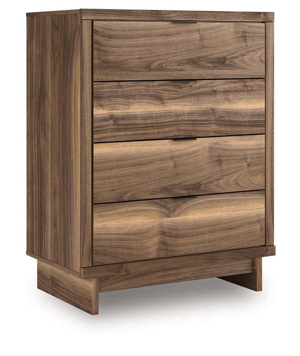 Nostalgic style, retooled for todayâ€™s trends. This chest of drawers puts an elevated twist on mod aesthetics. Its warm brown tones reflect the mid-century vibes you love, while the angular base incorporates contemporary motifs. Integrated drawer handles
