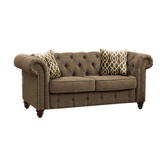 Aurelia sofa collection upholstered in gray & beige color linen fabric. Comfort and style define this sofa collection. This sofa and loveseat are detailed with classic details like deep button tufts and plush, sheltering arms. Adorned with button tufting 