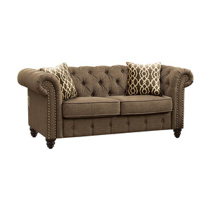 Aurelia sofa collection upholstered in gray & beige color linen fabric. Comfort and style define this sofa collection. This sofa and loveseat are detailed with classic details like deep button tufts and plush, sheltering arms. Adorned with button tufting 