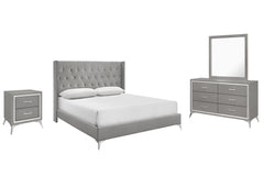 The Huxley 4-Piece Bedroom Set in Gray offers a stylish blend of contemporary glam and durable construction for a sophisticated bedroom. This set includes a 6/6 King upholstered bed with headboard, footboard, two side rails, and slat kit, along with a 6-d
