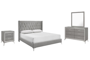 The Huxley 4-Piece Bedroom Set in Gray offers a stylish blend of contemporary glam and durable construction for a sophisticated bedroom. This set includes a 6/6 King upholstered bed with headboard, footboard, two side rails, and slat kit, along with a 6-d