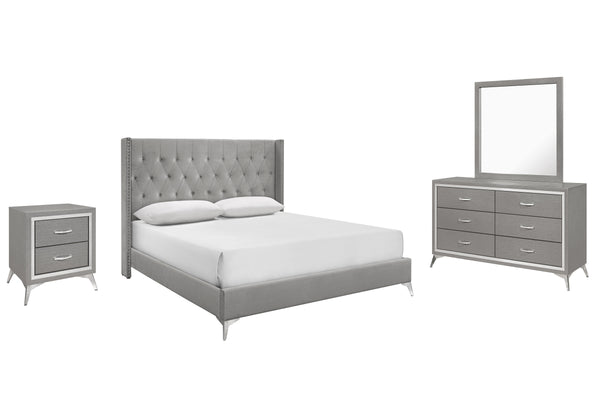 The Huxley 4-Piece Bedroom Set in Gray offers a stylish blend of contemporary glam and durable construction for a sophisticated bedroom. This set includes a 6/6 King upholstered bed with headboard, footboard, two side rails, and slat kit, along with a 6-d