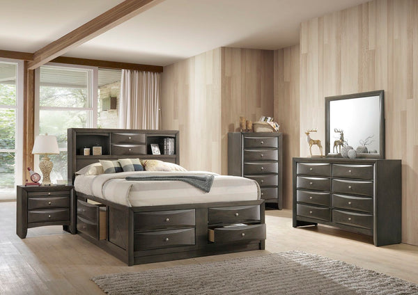 Experience timeless elegance with this sophisticated bedroom suite, exuding a rich gray finish that enhances its robust and stately form. At the heart of the ensemble is a captain-'s bed graced with an innovatively designed headboard, boasting integrated 