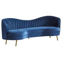 With an Art Deco flair, this retro-inspired sofa offers a striking curvy silhouette with a bold colored fabric. Wrapped entirely in a bright blue velvet that is super-soft to the touch, this contemporary sofa presents itself as the focal piece in your sea