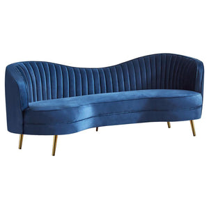 With an Art Deco flair, this retro-inspired sofa offers a striking curvy silhouette with a bold colored fabric. Wrapped entirely in a bright blue velvet that is super-soft to the touch, this contemporary sofa presents itself as the focal piece in your sea