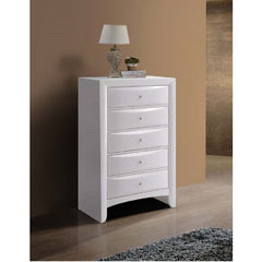 The Ireland chest comes with five spacious drawers, perfect for all your foldable clothes from socks to sweaters. Each drawer features an English dovetail design with center metal glides. Selected solid wood and engineered wood construct the frame, topped
