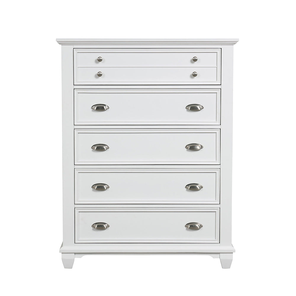 The Jamestown 5-Drawer Chest in White is a perfect blend of durability, style, and functionality, making it a valuable addition to any bedroom. Expertly crafted from solid Acacia, premium manufactured woods, and authentic Oak veneers, this chest is built 