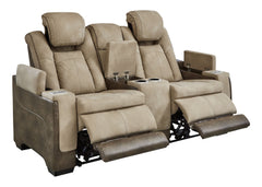 This sleek, ultra-modern power reclining loveseat with console has it all. With designer style and head-to-toe comfort, it has the upscale look of leather at a scaled-down faux leather price. Its two-tone upholstery is more durable and water-repellent tha