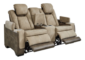 This sleek, ultra-modern power reclining loveseat with console has it all. With designer style and head-to-toe comfort, it has the upscale look of leather at a scaled-down faux leather price. Its two-tone upholstery is more durable and water-repellent tha