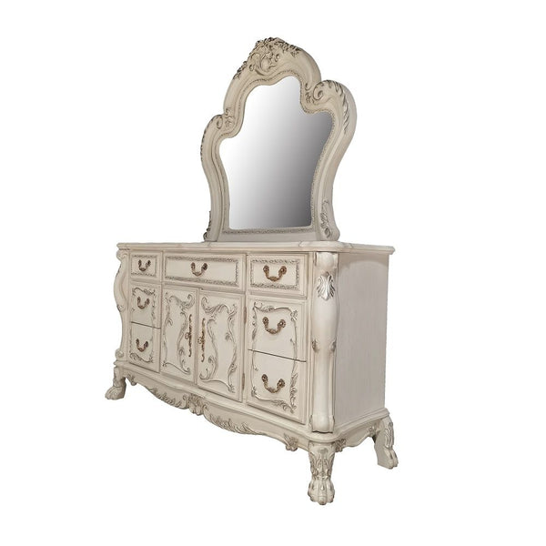 Elegant yet lightheartedly playful, Dresden is donned in an amiable antique white finish with hand-applied burnish over the many layers of stains and finishes that are manually rubbed on, providing depth and character to this classic group. The Rococo sty