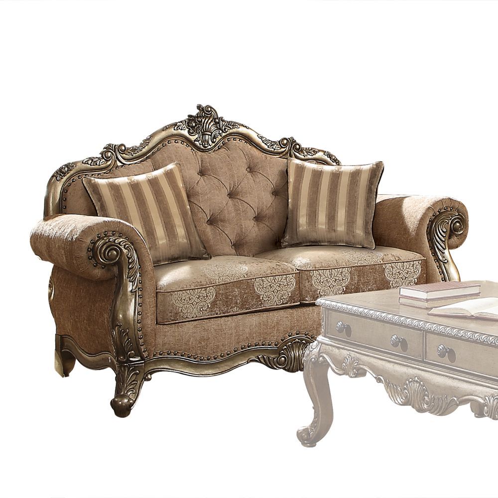 The Ragenardus collection harmonizes traditional details with functional design to accommodate today-'s styles. This sofa set features tight seat and back cushion, crown and raised scrollwork ornamental trim and button tufted backrest. Accent pillows are 