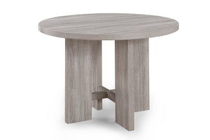  perfect for creating a light and airy dining atmosphere. The set centers around a round table with a weathered wood finish