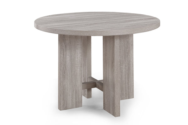  perfect for creating a light and airy dining atmosphere. The set centers around a round table with a weathered wood finish