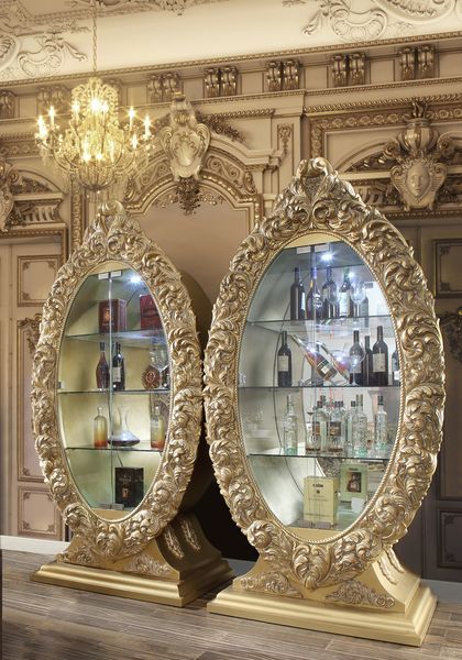 Seville - Curio - Beige - 47-"<br/><br/><b>Product Features</b><ul><li>Fixed Table Top</li><li>Pedstal Table</li><li>Hollow Carving & Upholstery Chair</li><li>Leaf Shape Curio w/3 Tier Shelf</li><li>Case: 1Set/3Ctn</li><li>Finish: Gold Finish</li><li>Styl