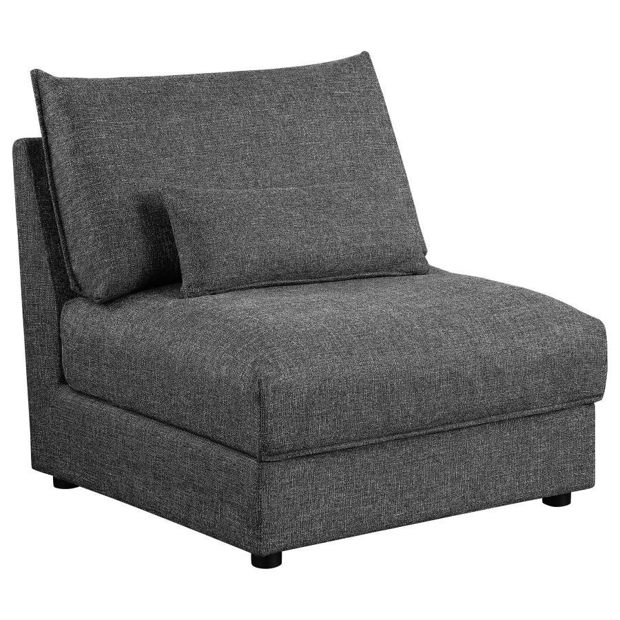 Complete your living space with the refined look and elegant simplicity of a modern modular armless chair. Alone or in a larger configuration, it features plush feather blend and foam cushions with slightly textured upholstery for a sleek look and feel. T