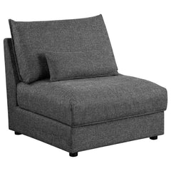 Complete your living space with the refined look and elegant simplicity of a modern modular armless chair. Alone or in a larger configuration, it features plush feather blend and foam cushions with slightly textured upholstery for a sleek look and feel. T