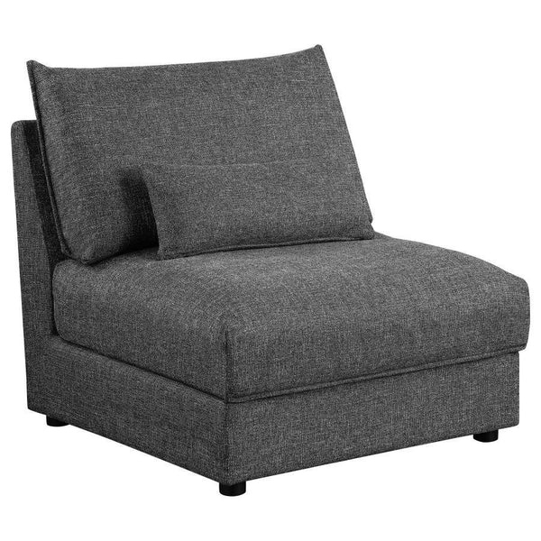 Complete your living space with the refined look and elegant simplicity of a modern modular armless chair. Alone or in a larger configuration, it features plush feather blend and foam cushions with slightly textured upholstery for a sleek look and feel. T