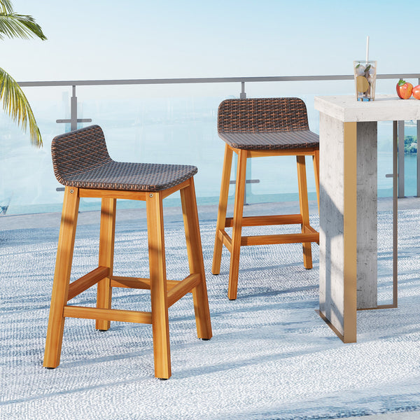High-quality acacia wood construction for durability<br>Splinter-free surfaces for a smooth and safe touch<br>Ergonomic design with a supportive backrest and curved armrests<br>PE rattan seat is fade-resident for long-time use<br>Added footrests for a coz