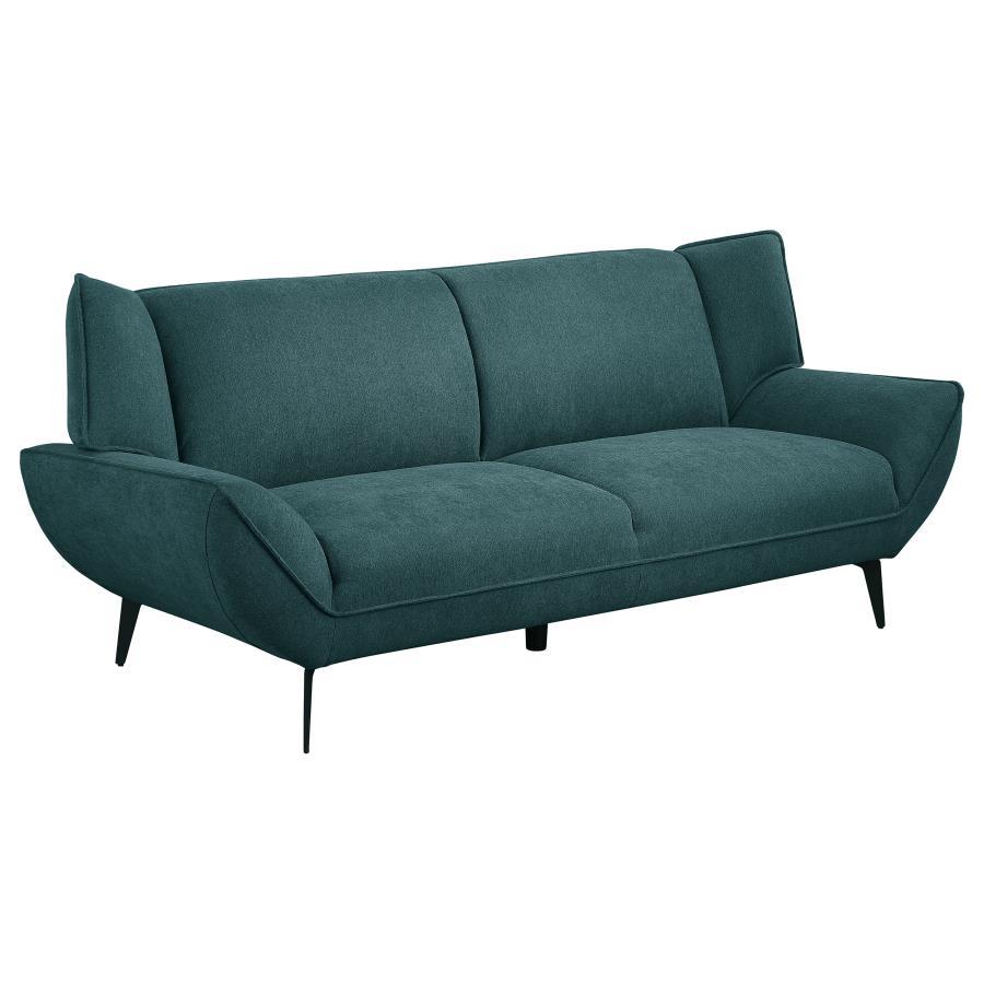 An iconic mid-century modern motif will look great in your casual living room or den. This comfy and stylish sofa recreates retro design elements and ensures the commitment to easy, comfortable relaxation. This sofa features gorgeous teal fabric upholster