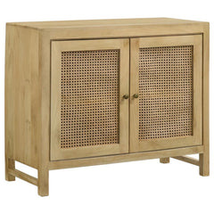 Bring warmth and texture to your space with this transitional accent cabinet, crafted from eco-friendly mango wood in a natural finish. The woven cane door panels add a touch of retro charm, while antique brass-finished hardware provides a subtle contrast