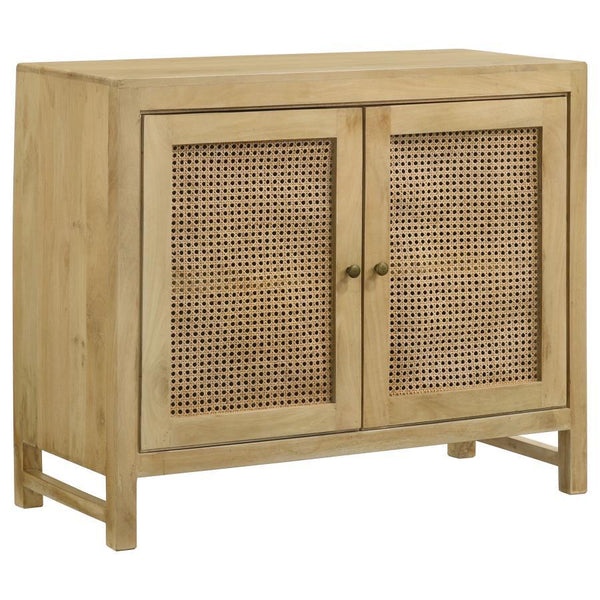 Bring warmth and texture to your space with this transitional accent cabinet, crafted from eco-friendly mango wood in a natural finish. The woven cane door panels add a touch of retro charm, while antique brass-finished hardware provides a subtle contrast