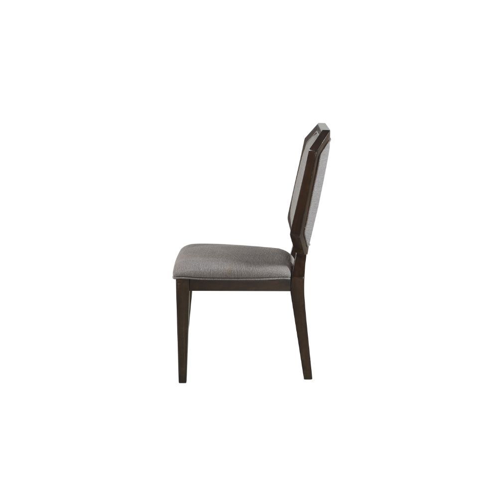 KD, Armless Chair (High Backrest) â€¢ Stationary Seat: Standard Dining Height â€¢ Padded SEAT & BACK: Gray Fabric Cushion with Welt Trim â€¢ SQUARE Backrest: Clipped Corners â€¢ Wooden Back Trim & Apron Seat â€¢ Wooden Tapered Legs<br/><br/><b>Product Fea