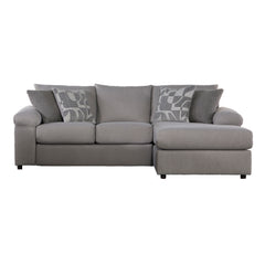 Introducing the Remi 2 Pc. Chaise Section in Light Gray, a sophisticated addition to your living space. This sectional includes a roomy Chaise Lounge and a Loveseat that seats three, accompanied by four coordinating accent pillows for added flair. Made in
