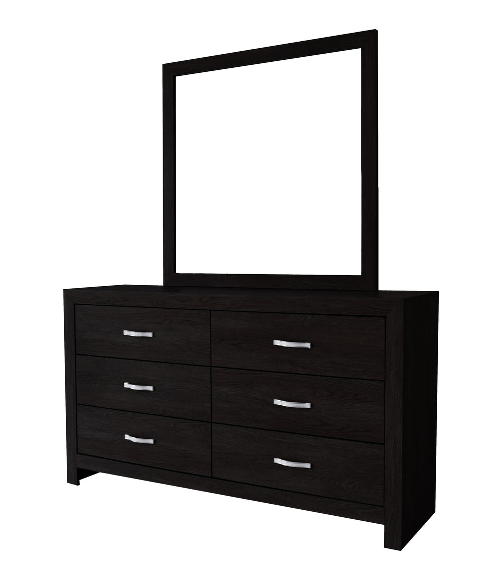 This bedroom suite offers a straightforward, modern design with a rich, dark finish that could seamlessly integrate into various decor styles. The set is pragmatic yet stylish, featuring clean lines and a simple, sturdy construction. The bed-'s headboard 