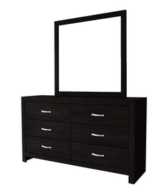 This bedroom suite offers a straightforward, modern design with a rich, dark finish that could seamlessly integrate into various decor styles. The set is pragmatic yet stylish, featuring clean lines and a simple, sturdy construction. The bed-'s headboard 