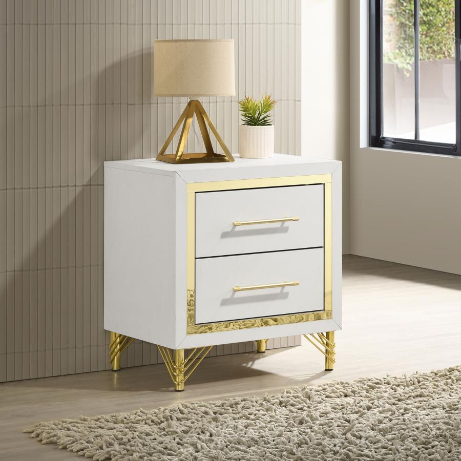 Gleaming gold trim captures attention on a modern two-drawer nightstand. Perfect for your sophisticated bedside, it boasts a bright white finish case that offers the perfect touch of depth with its gold trim. A pair of long bar pulls decorate drawer front