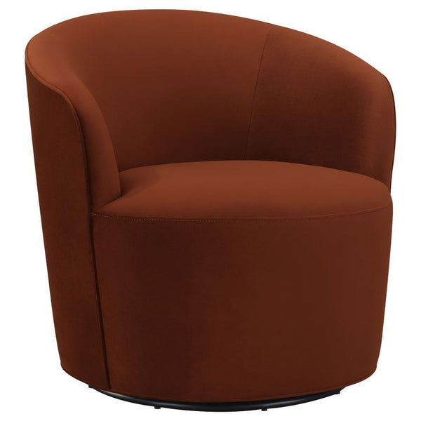 Versatile design, this contemporary burnt orange swivel chair makes itself at home in mid-century modern living rooms and retro-inspired spaces. Upholstered in a warm, burnt orange velvet that offers a soft texture, this swivel chair brings a bold splash 