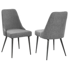 Channel mid-century charm with this armless side chair, wrapped in soft textured grey fabric. Its sleek wingback-inspired profile and gently tapered gunmetal legs bring a fresh, modern edge to dining spaces. Padded for comfort and built with durable mater