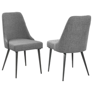 Channel mid-century charm with this armless side chair, wrapped in soft textured grey fabric. Its sleek wingback-inspired profile and gently tapered gunmetal legs bring a fresh, modern edge to dining spaces. Padded for comfort and built with durable mater