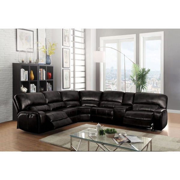 The Saul sectional collection offers luxurious contemporary looks and multi-function features. Fully wrapped with smooth leather-aire and framed with hard wood, quality and durability are guaranteed for your enjoyment. Features two power motion reclining 