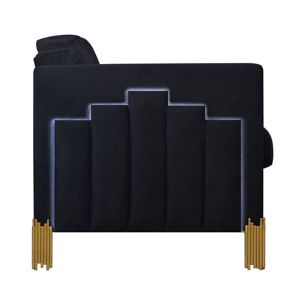  this 3-seater couch ensures lasting strength and durability. Upholstered in luxurious 100% midnight black polyester vel
