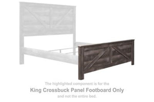 This king crossbuck panel footboard is made with engineered wood (MDF/particleboard/plywood) and decorative laminate. Pairs with other items in the series to make a bed kit.<br><br><b>Additional Dimensions</b><br><ul><li>Assembled king panel bed: 0-"</li>