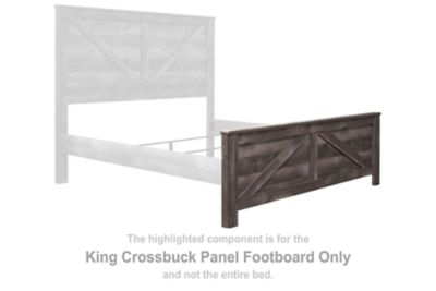 This king crossbuck panel footboard is made with engineered wood (MDF/particleboard/plywood) and decorative laminate. Pairs with other items in the series to make a bed kit.<br><br><b>Additional Dimensions</b><br><ul><li>Assembled king panel bed: 0-"</li>