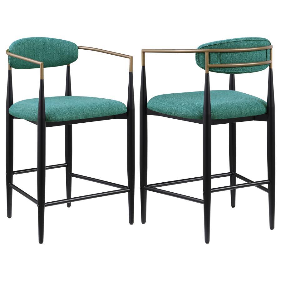 Charm is the watchword for a set of two modern counter height stools. Each embraces a light, airy ambiance with an open back and slim, rounded rest that provides ample support for everything from a leisurely meal to a quick bite. Its padded seat adds foam