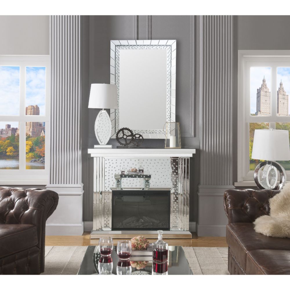 Assambled, Rectangular Fireplace Beveled Mirrored Finish, Clear Glass with Faux Crystal Inlay (Back Unfinished) Orientation: Free Standing NO Storage Specifications: Electric Fireplace (LED), BTU Output: 4777 BTU-'s, Heating Area: 400 sq ft Touch Control 