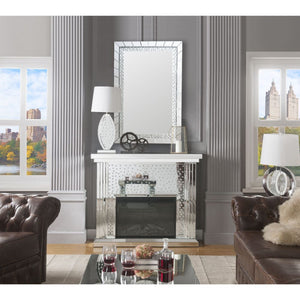 Assambled, Rectangular Fireplace Beveled Mirrored Finish, Clear Glass with Faux Crystal Inlay (Back Unfinished) Orientation: Free Standing NO Storage Specifications: Electric Fireplace (LED), BTU Output: 4777 BTU-'s, Heating Area: 400 sq ft Touch Control 