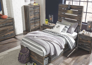 Burnt orange and teal colors accent a brown rustic finish in a replicated woodgrain with authentic touch. Large scaled dark colored handles. Cases feature a framed front and pilasters. All panel headboards (53,57,58,87) feature decorative matte black scon