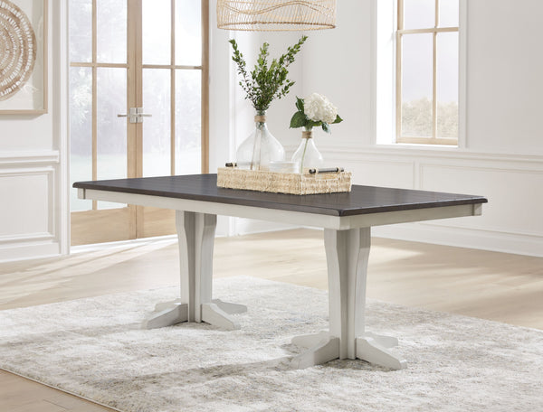  Cherry veneer and MDF substrates. Stylish 2-tone finish featuring glazed light gray paint with clean brown cherry stained tops. The dining tabletop and bench seat features a thick planked effect. The d