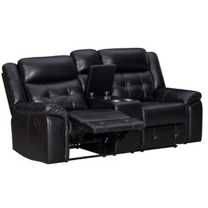  the ideal loveseat that perfectly combines comfort and practicality. This loveseat is perfect for any evening with its manual recline feature and a convenient console equipped with cupholders. The inherently cleanable faux leather makes main