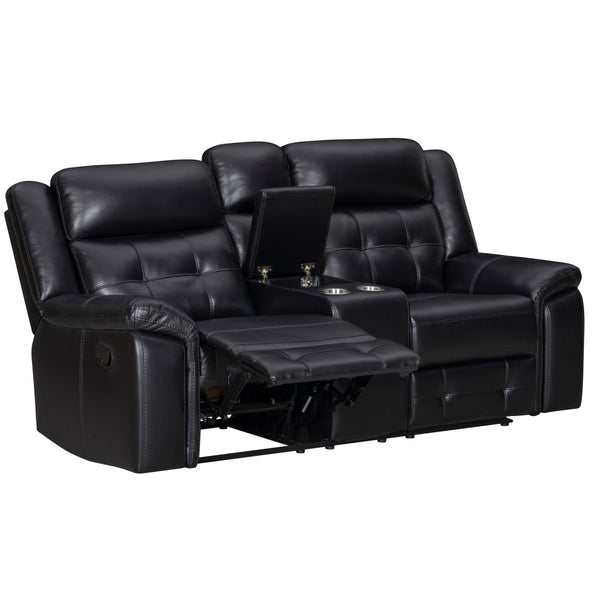  the ideal loveseat that perfectly combines comfort and practicality. This loveseat is perfect for any evening with its manual recline feature and a convenient console equipped with cupholders. The inherently cleanable faux leather makes main