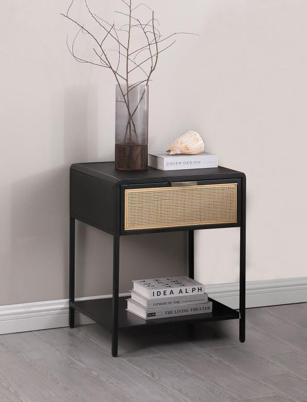  making it perfect for any living space or as a stylish bedside table. Crafted with a sturdy steel frame and engineered wood with a durable laminate top